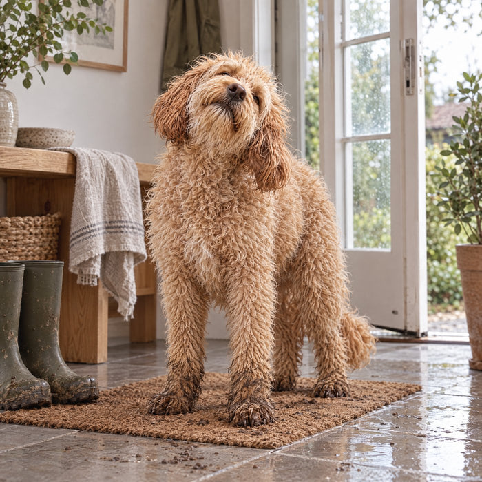 Muddy paws at the front door