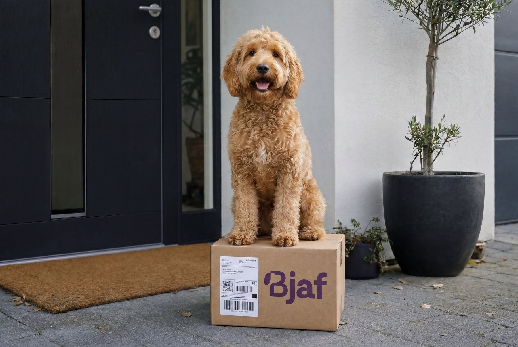 Translation missing: de.A dog with a delivered Bjaf parcel at the front door